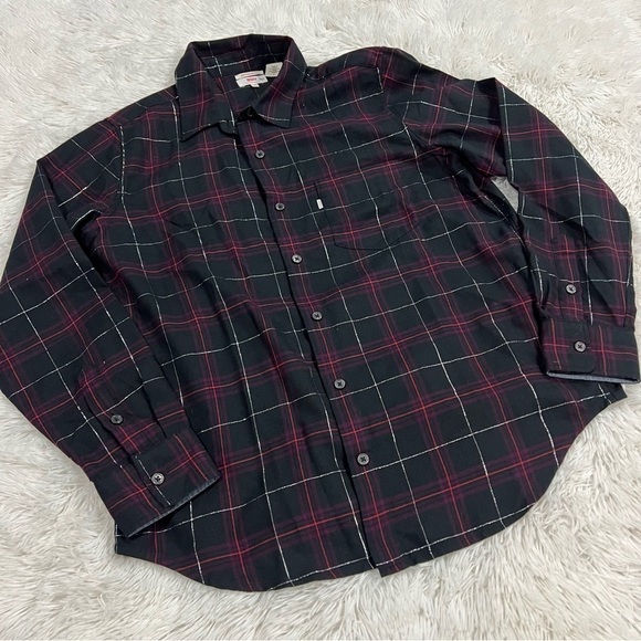 Levi's Plaid Boyfriend Fit Button Up Silver Metallic Shirt LIKE NEW Medium - Picture 1 of 10